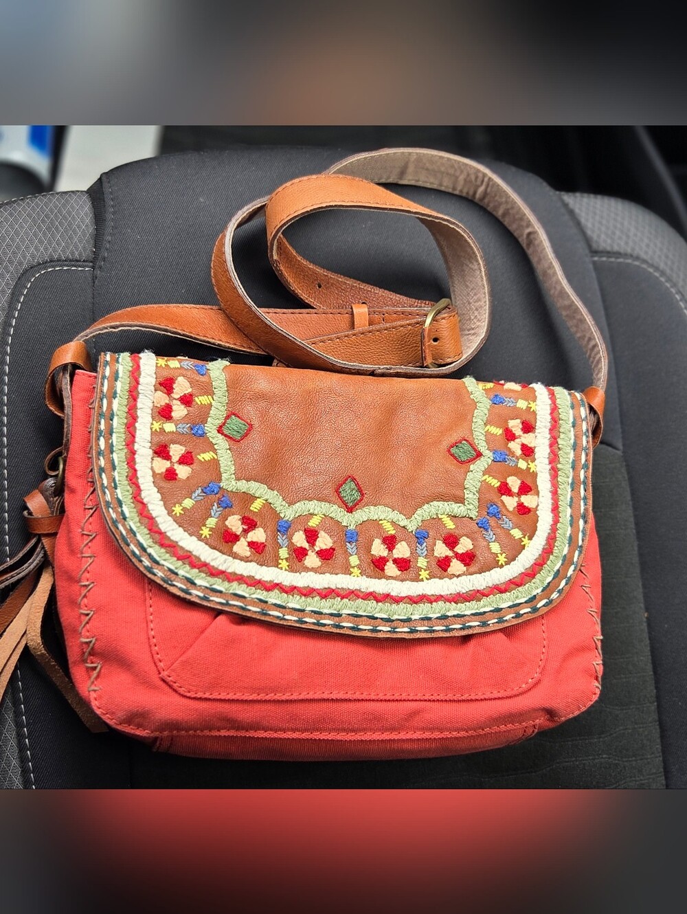 Lucky Brand Leather Canvas Embroiderd Crossbody Bag